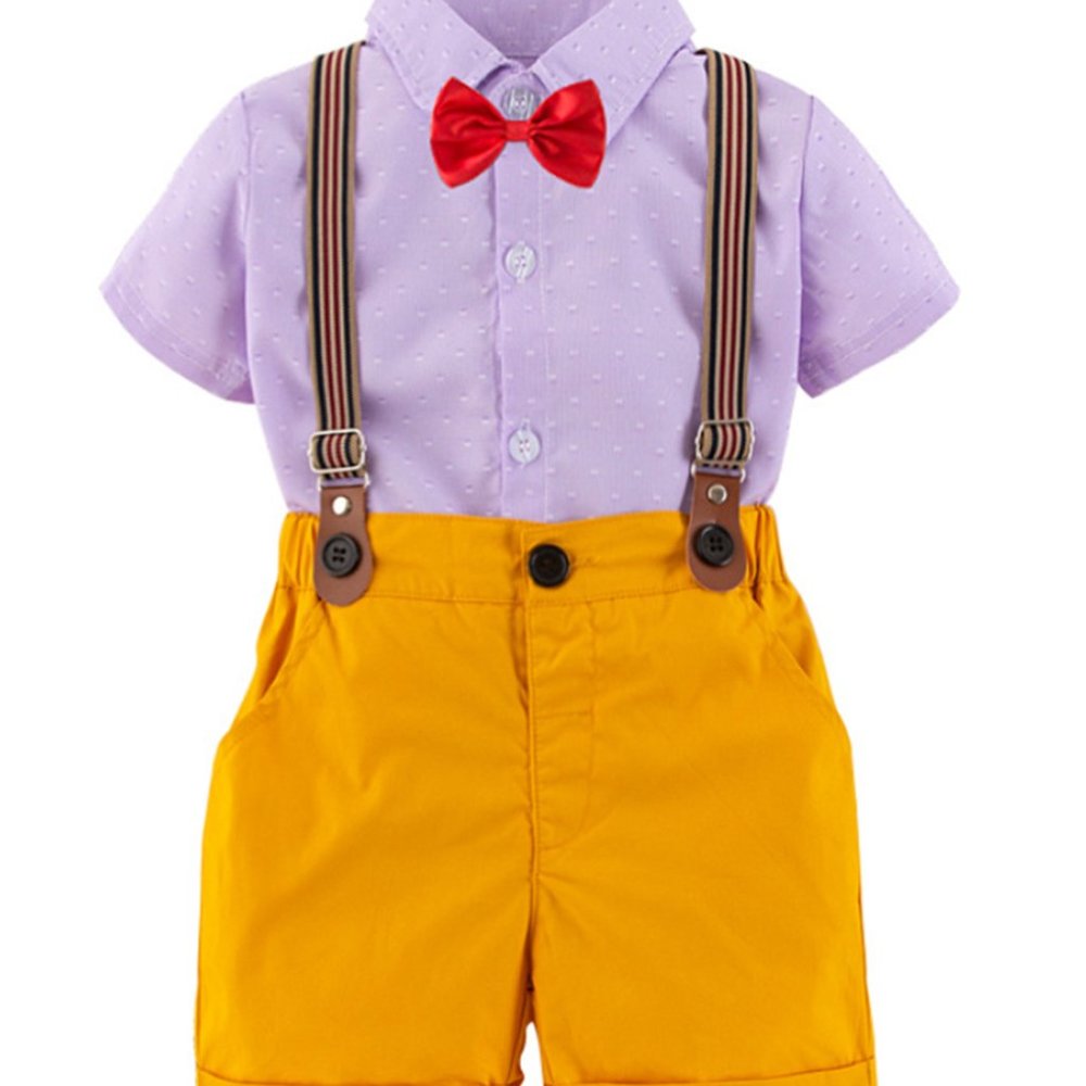Purple Floral Shirt, Mustard Shorts, Suspender & Bowtie 4pcs Little Boy Outfit